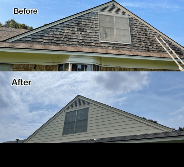 A before and after picture of a house roof