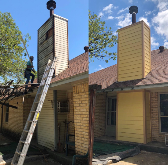 A man on a ladder is working on a chimney on top of a house