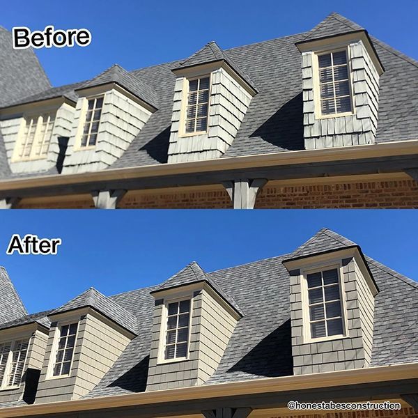 A before and after picture of a house 's roof