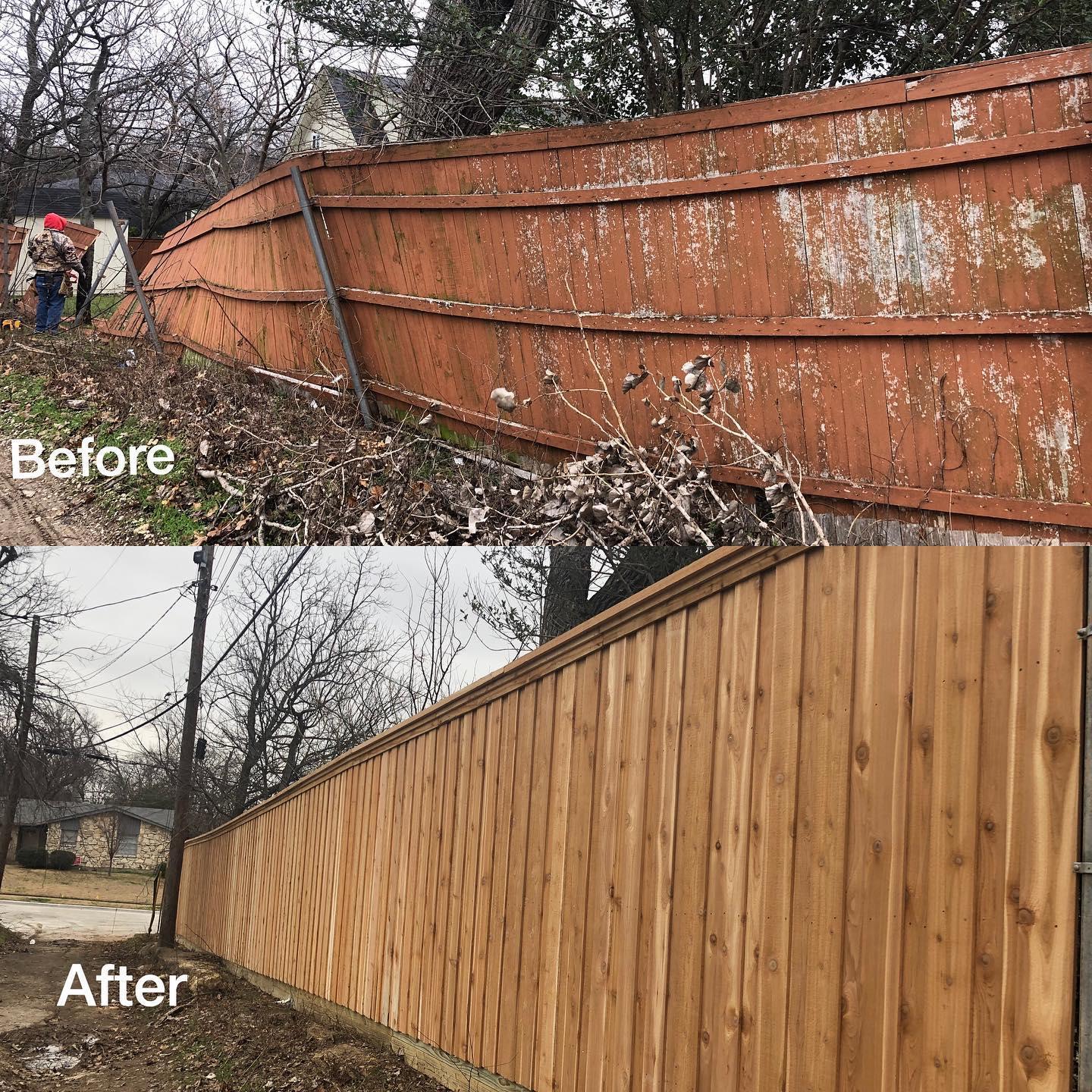 A before and after picture of a wooden fence.