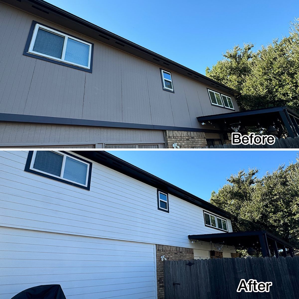 Split-view before-and-after of a house exterior with dark siding replaced by light blue siding.
