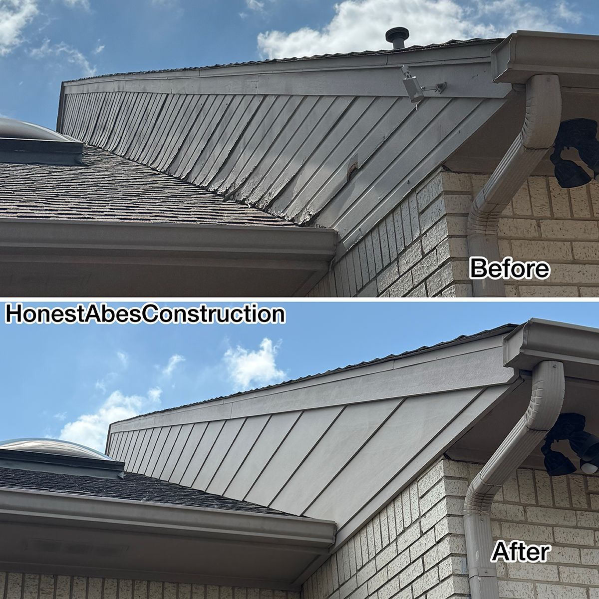 Before-and-after of a gray metal roof repair on a house, showing restored panels and cleaner finish.
