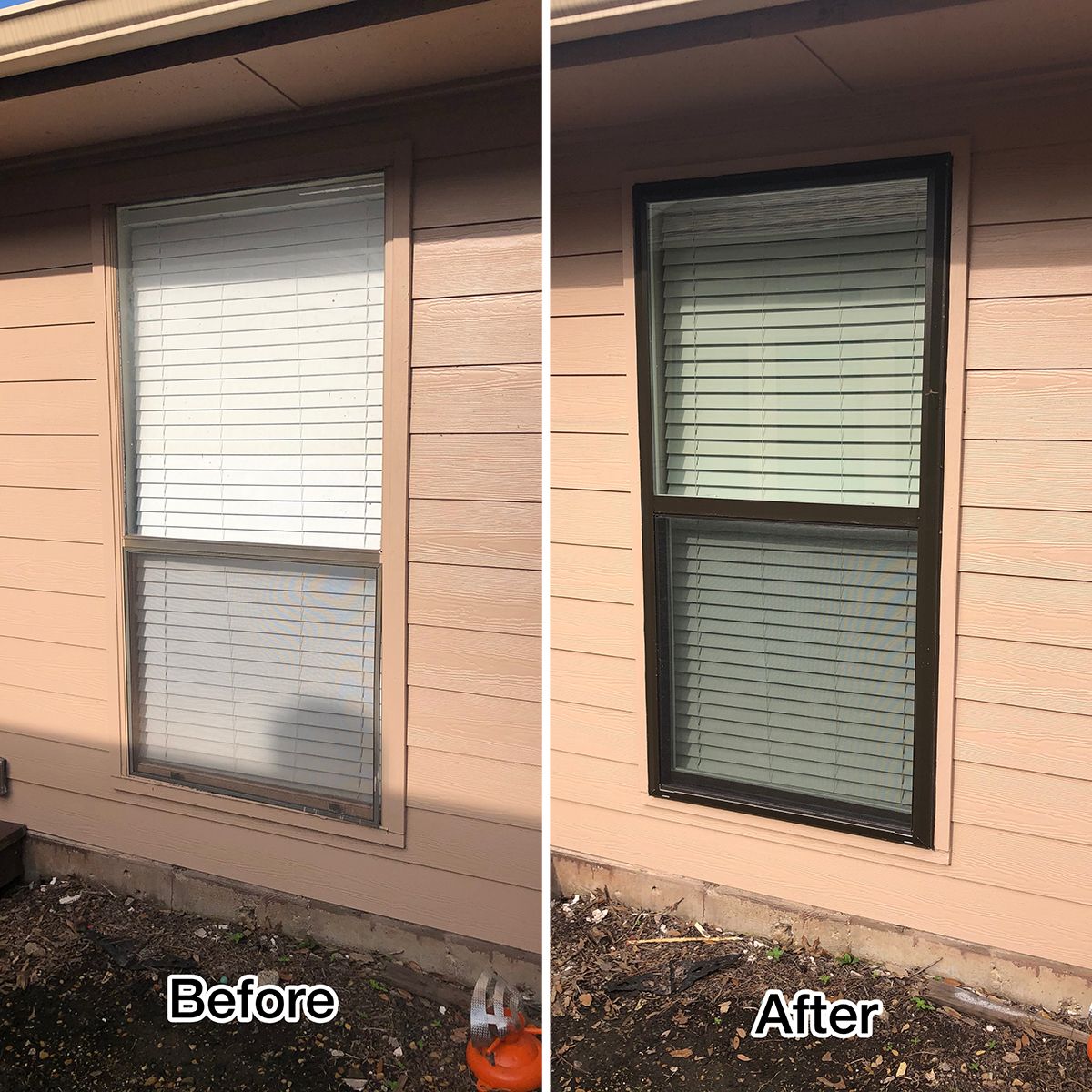 Before-and-after exterior window showing a tan frame repainted dark green-black.