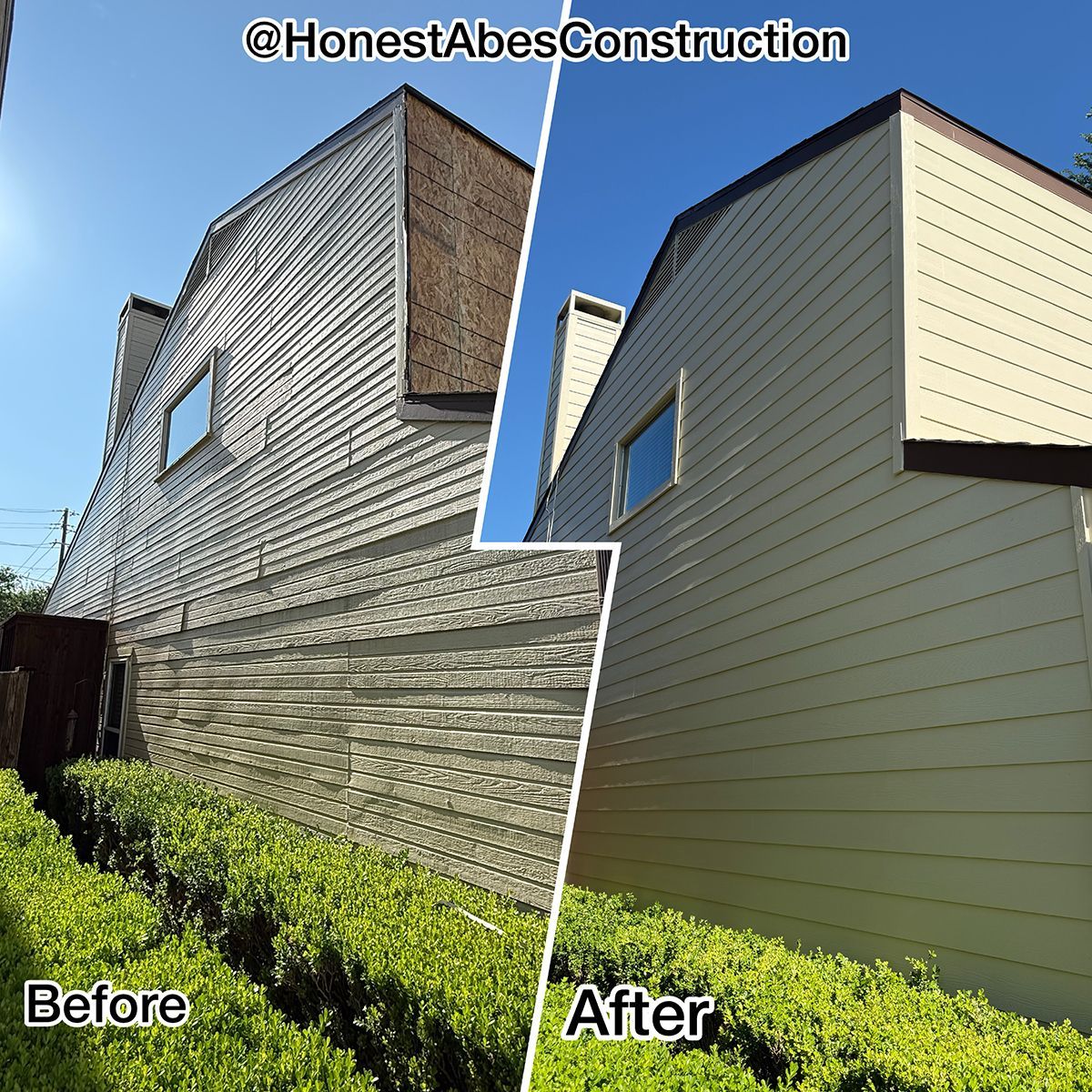 Before-and-after view of a house exterior with new beige siding replacing old weathered gray siding.