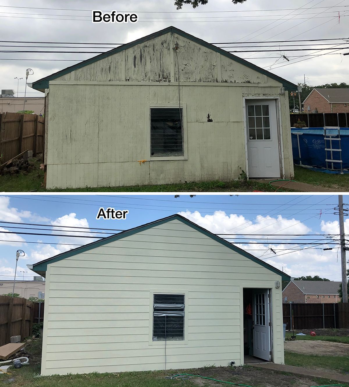 Before-and-after of a small house exterior repaint: faded beige wall becomes fresh light gray siding.