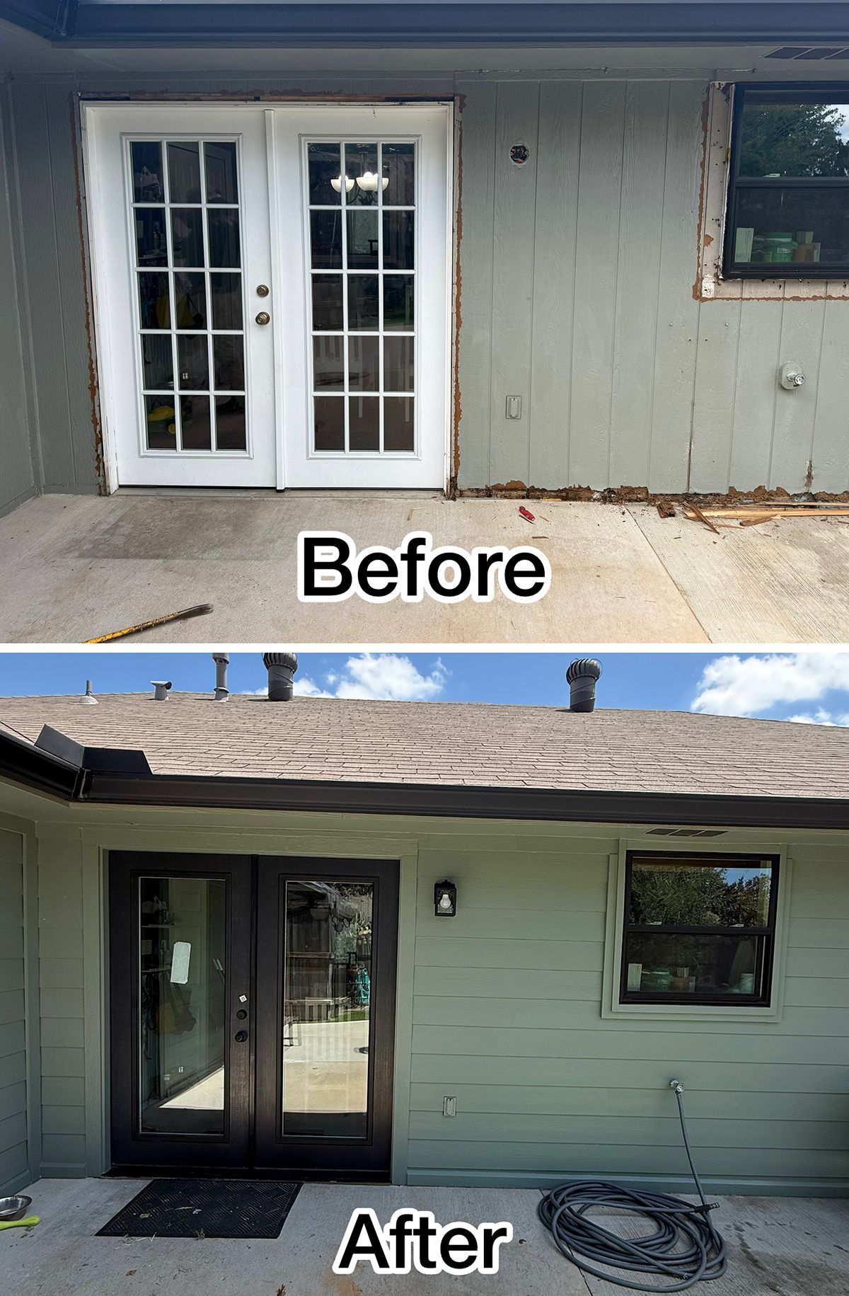 Before-and-after of a house exterior: white French doors replaced by black glass double doors and a window.