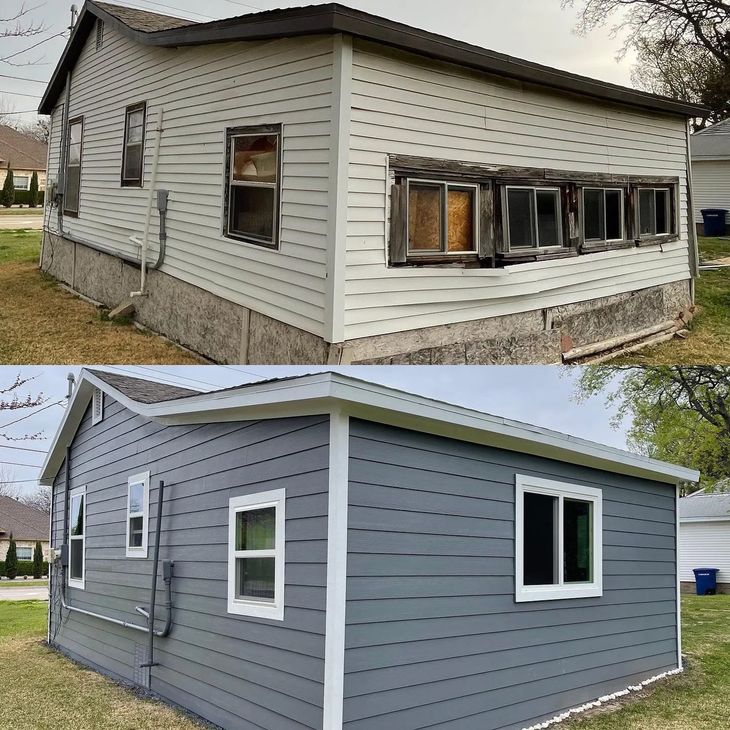 A before and after picture of a house with a gray siding.