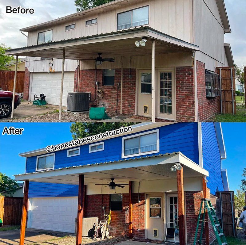A before and after picture of a house that has been painted blue.