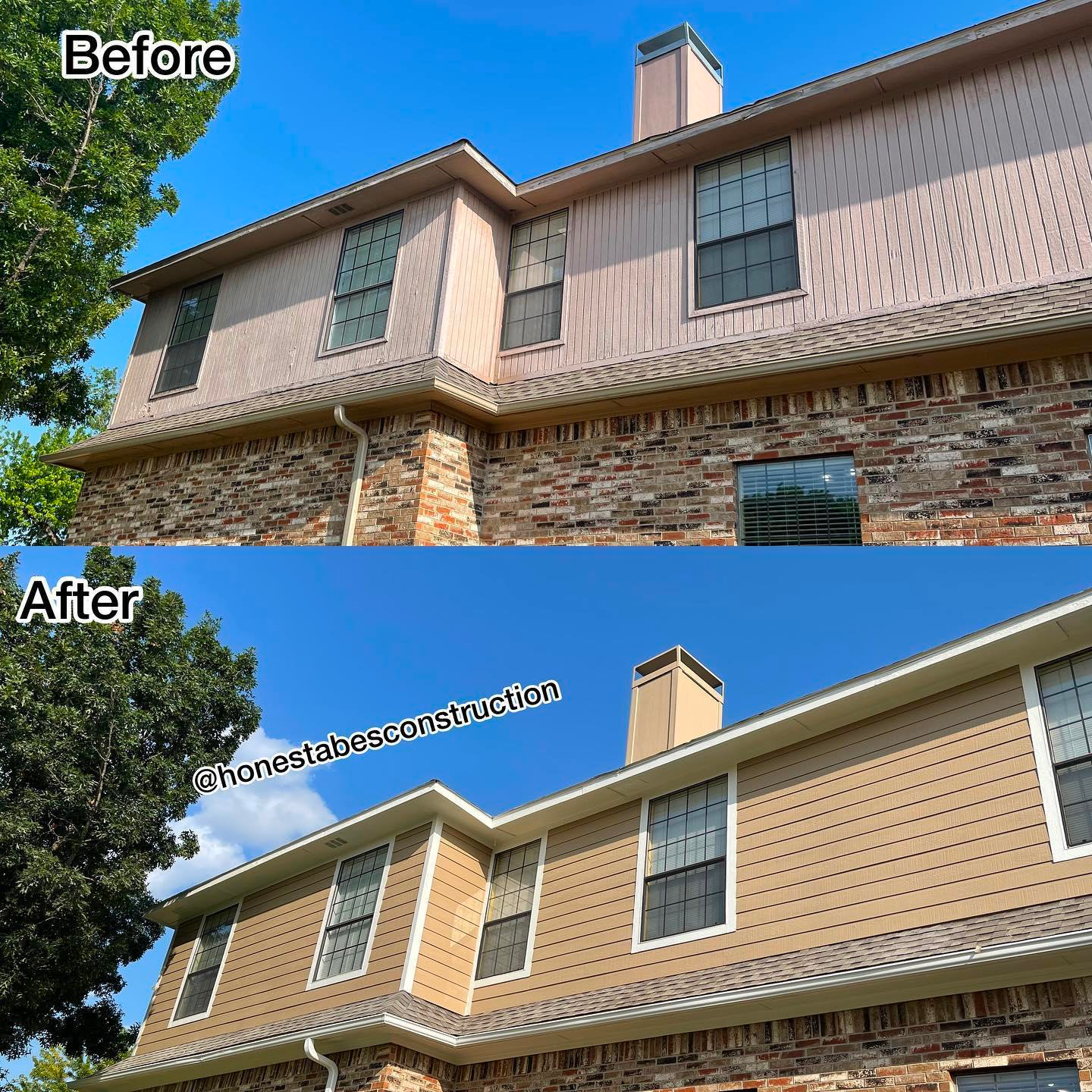 A before and after picture of a house with a chimney