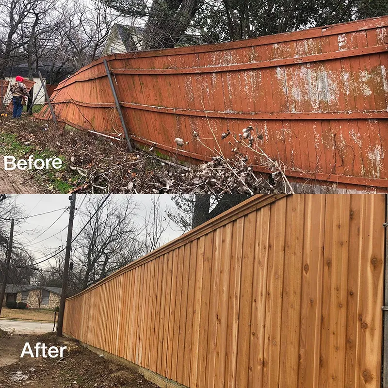 A before and after picture of a wooden fence.