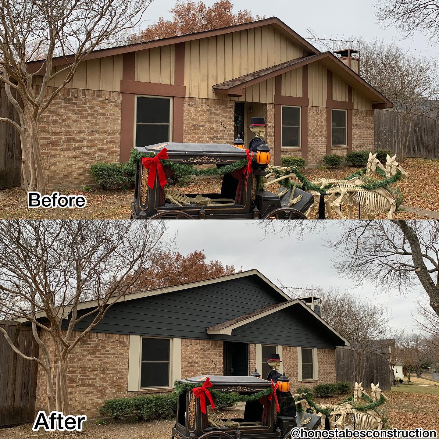 A before and after photo of a house decorated for christmas