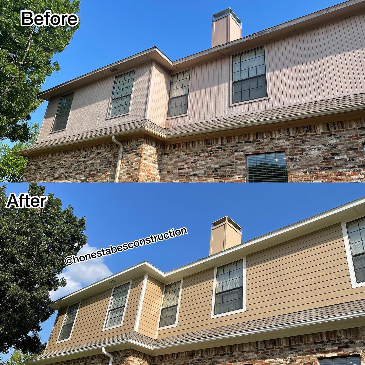 A before and after picture of a house with a chimney.