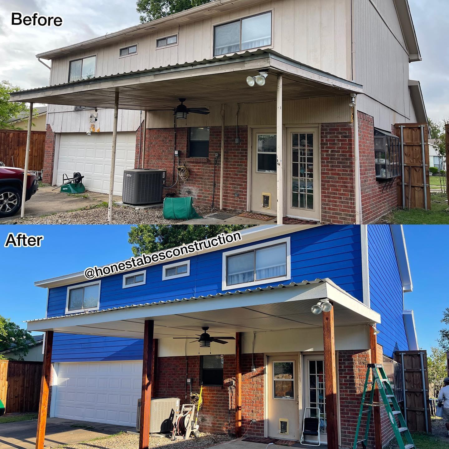 A before and after picture of a house that has been painted blue