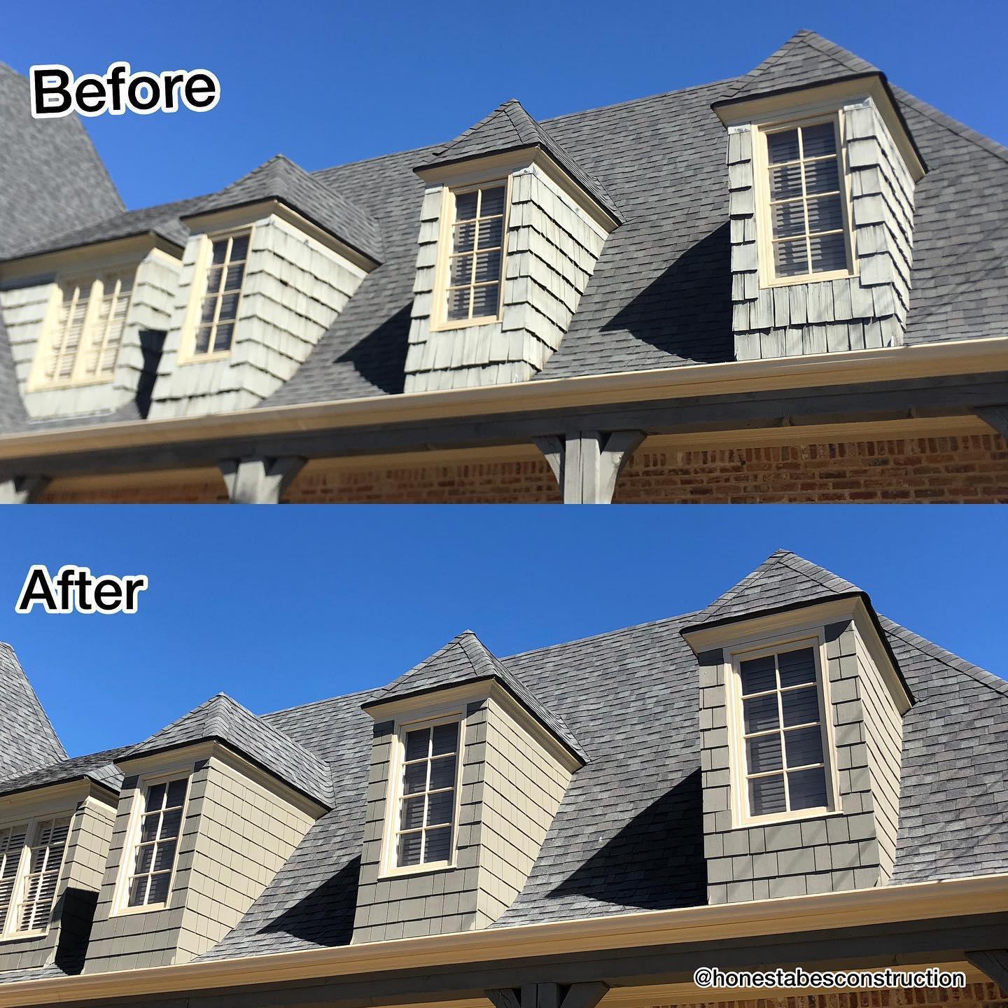 A before and after picture of a house 's roof
