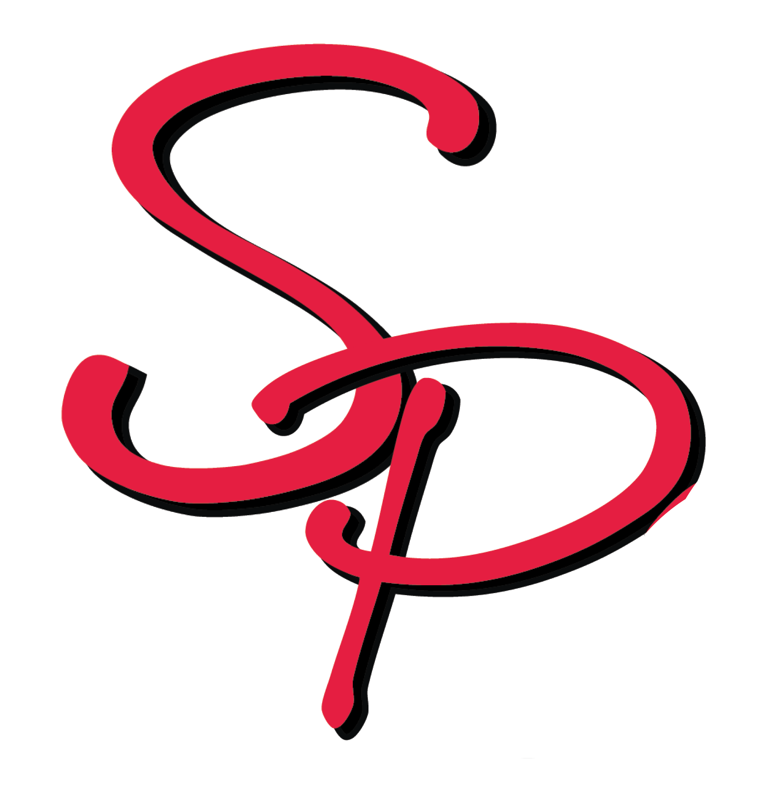 Stylized red and black intertwined letters “SP” on a white background