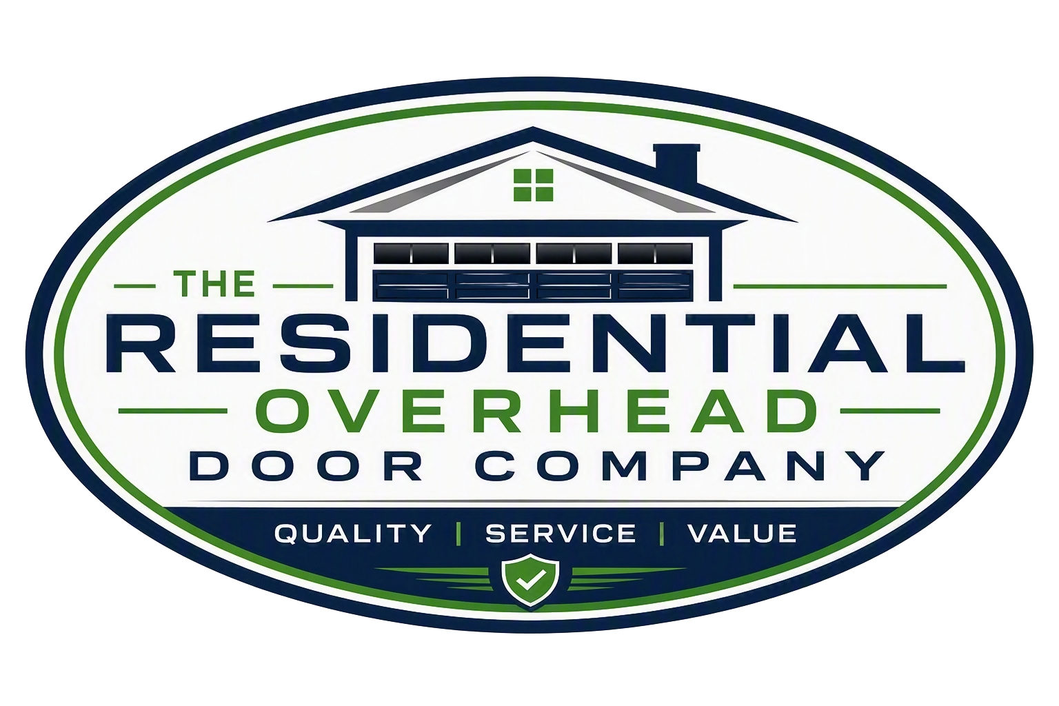 Logo for The Residential Overhead Door Company in blue and green oval with house icon and slogan &ldquo;Quality Service Value&rdquo;