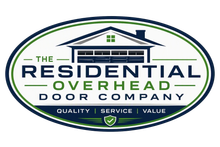 Logo for The Residential Overhead Door Company in blue and green oval with house icon and slogan &ldquo;Quality Service Value&rdquo;