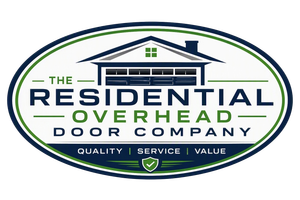 Logo for The Residential Overhead Door Company in blue and green oval with house icon and slogan &ldquo;Quality Service Value&rdquo;