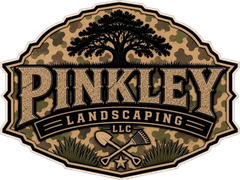 Pinkley Landscaping LLC logo with a black tree and wheat on a tan badge