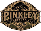 Pinkley Landscaping LLC logo with a black tree and wheat on a tan badge