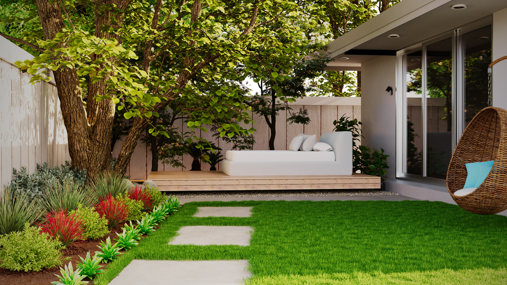 Modern backyard patio with stepping stones, green lawn, flowering garden, and white outdoor seating under a covered roof