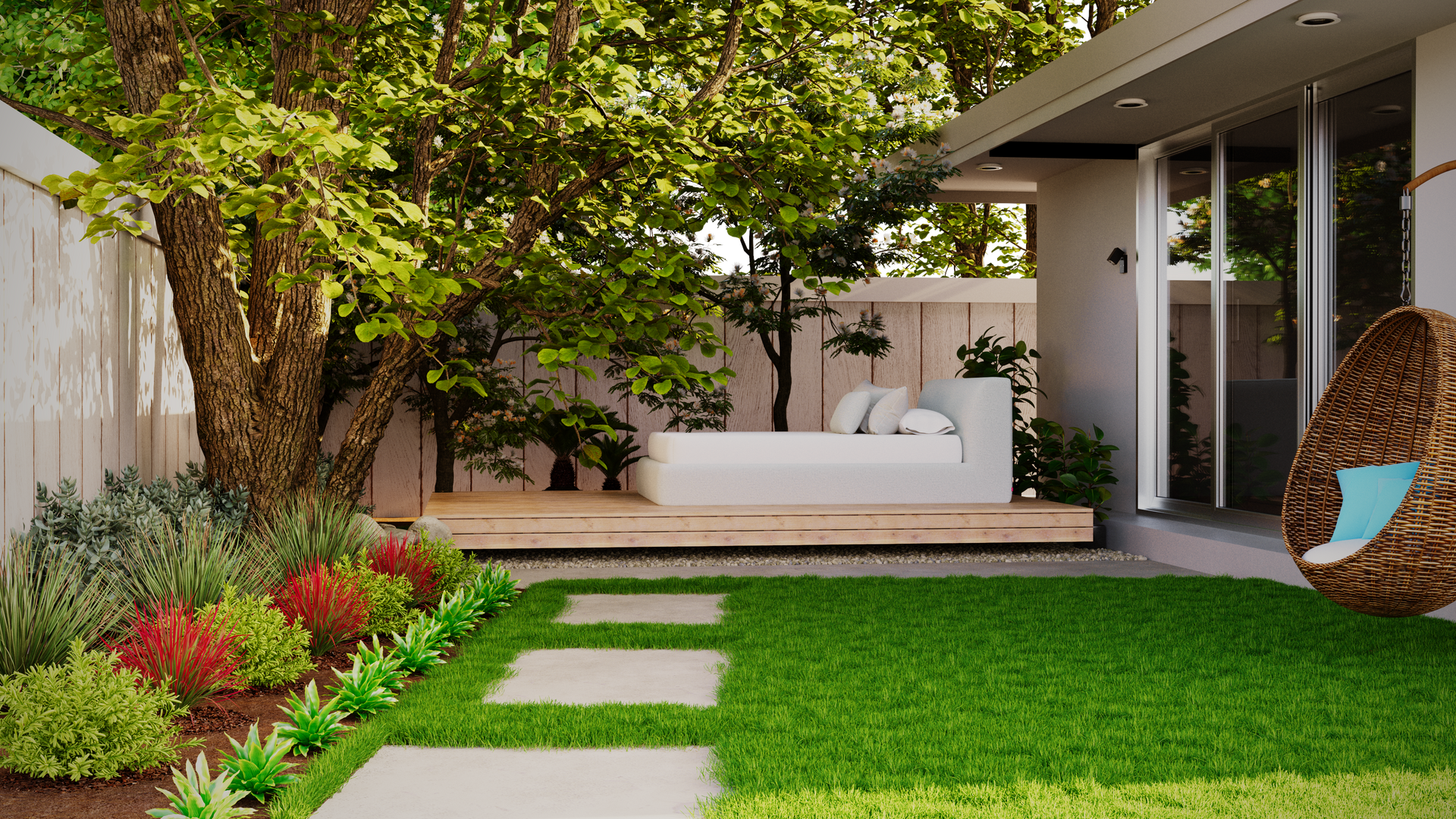 Modern backyard patio with stepping stones, green lawn, flowering garden, and white outdoor seating under a covered roof