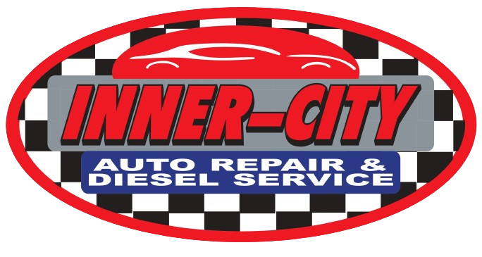 Logo for Inner-City Auto Repair & Diesel Service with a red car outline, text, and checkered oval frame.