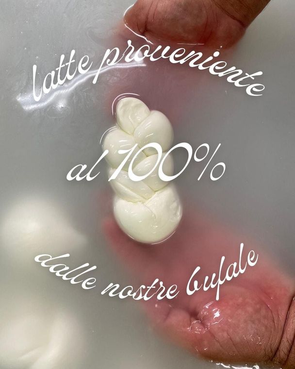 Mano che tiene una palla bianca di formaggio immersa nell'acqua, sul testo si legge