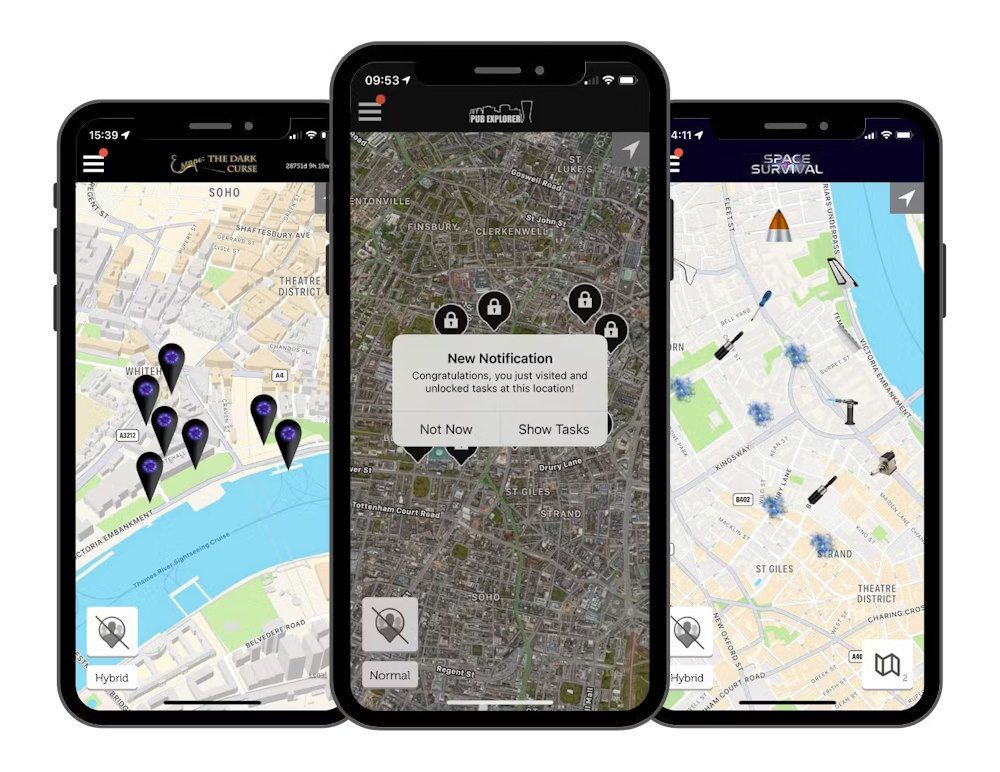 Three phones with maps on them on a white background.
