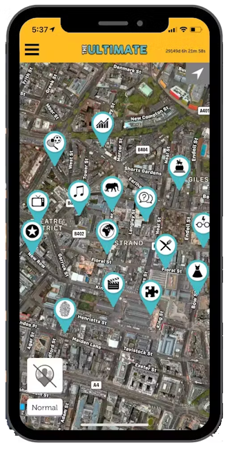 A mobile phone with a map of a city on it.