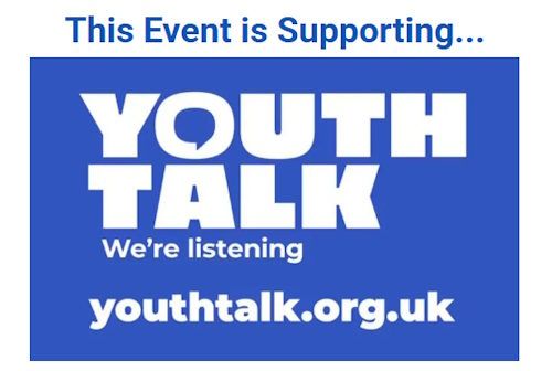 A blue sign that says this event is supporting Youth Talk