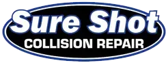 Logo for Sure Shot Collision Repair featuring white text inside a black horizontal oval with a blue border.