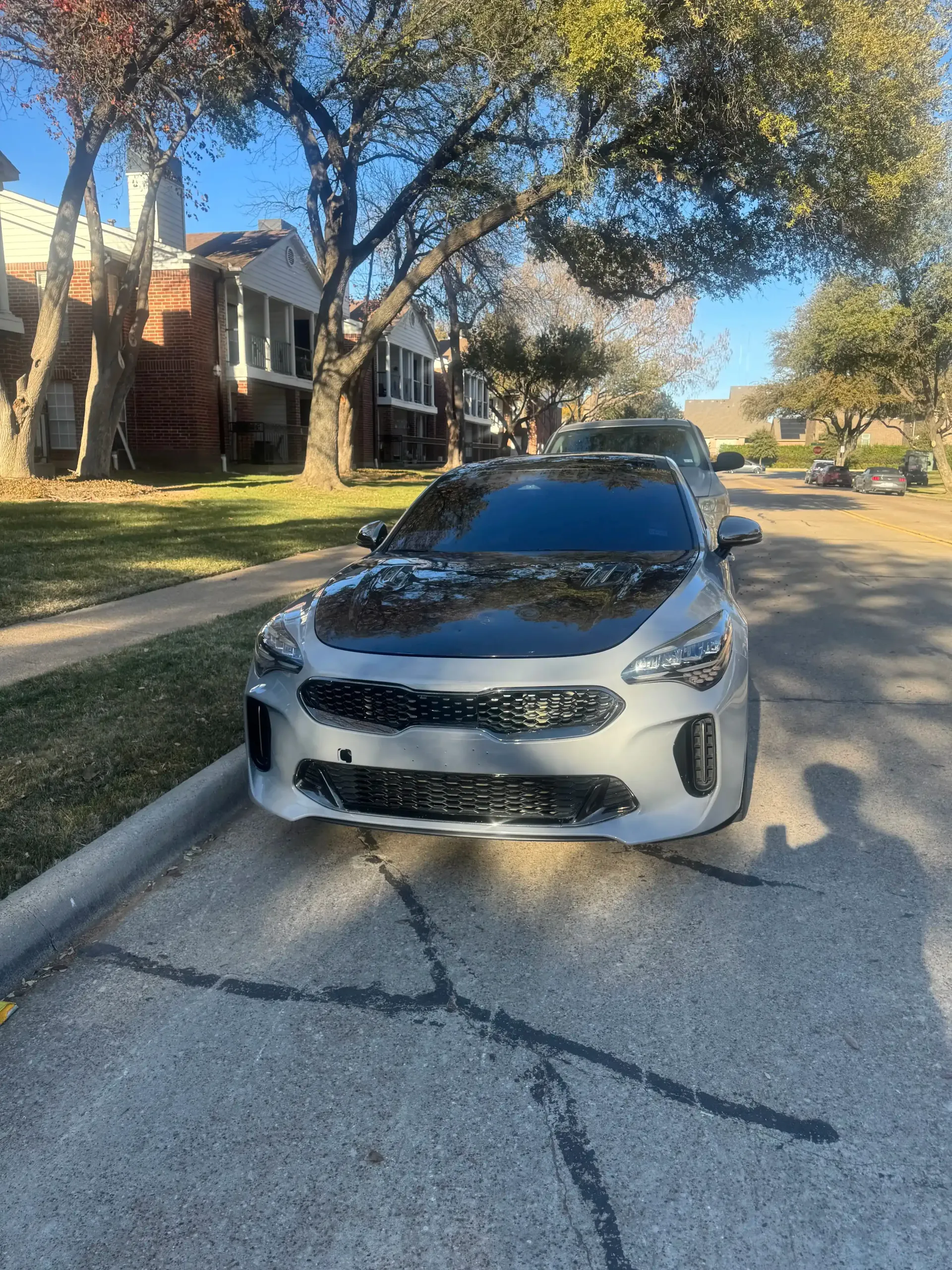 A grey Kia Stinger with a black hood parked on the side of a sunny residential street.