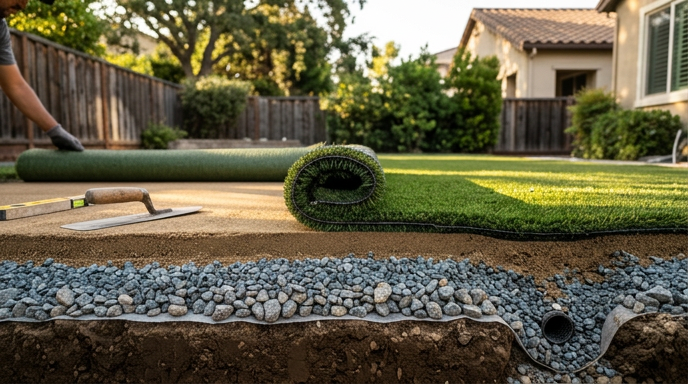 Backyard landscape with rolled sod, stone edging, and a partially installed lawn irrigation trench