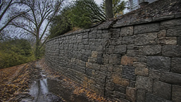 Stone retaining wall beside a wet leaf-covered path in a wooded park on a cloudy day