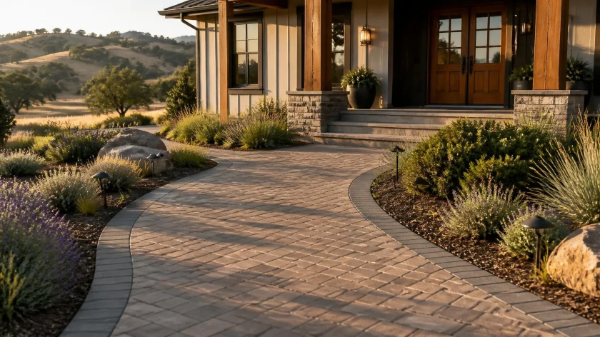 Curved stone walkway leading to a rustic house with wooden porch, surrounded by desert landscaping and shrubs