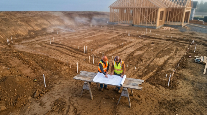 Two construction workers in safety vests review plans at a table on a dirt job site with a house frame behind them