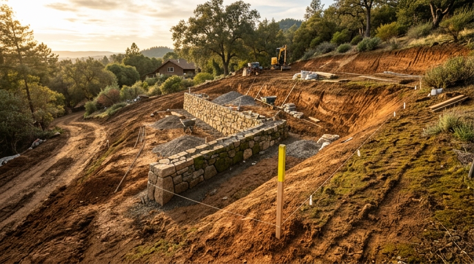 Stone retaining walls under construction on a steep hillside with dirt, machinery, and trees at sunset