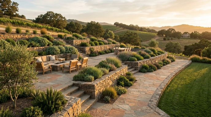 Terraced garden patio with stone seating, lush shrubs, and a curved path at sunset