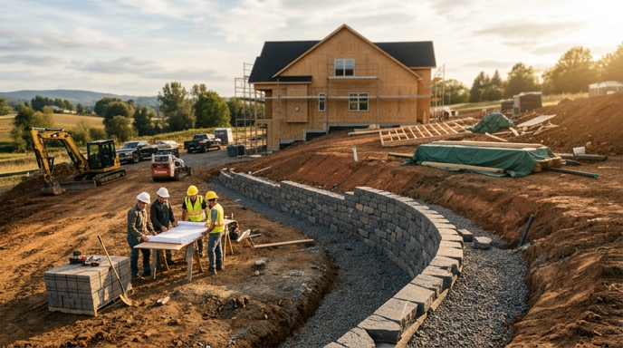 Construction workers build a curved stone pathway beside a house under construction at sunset.
