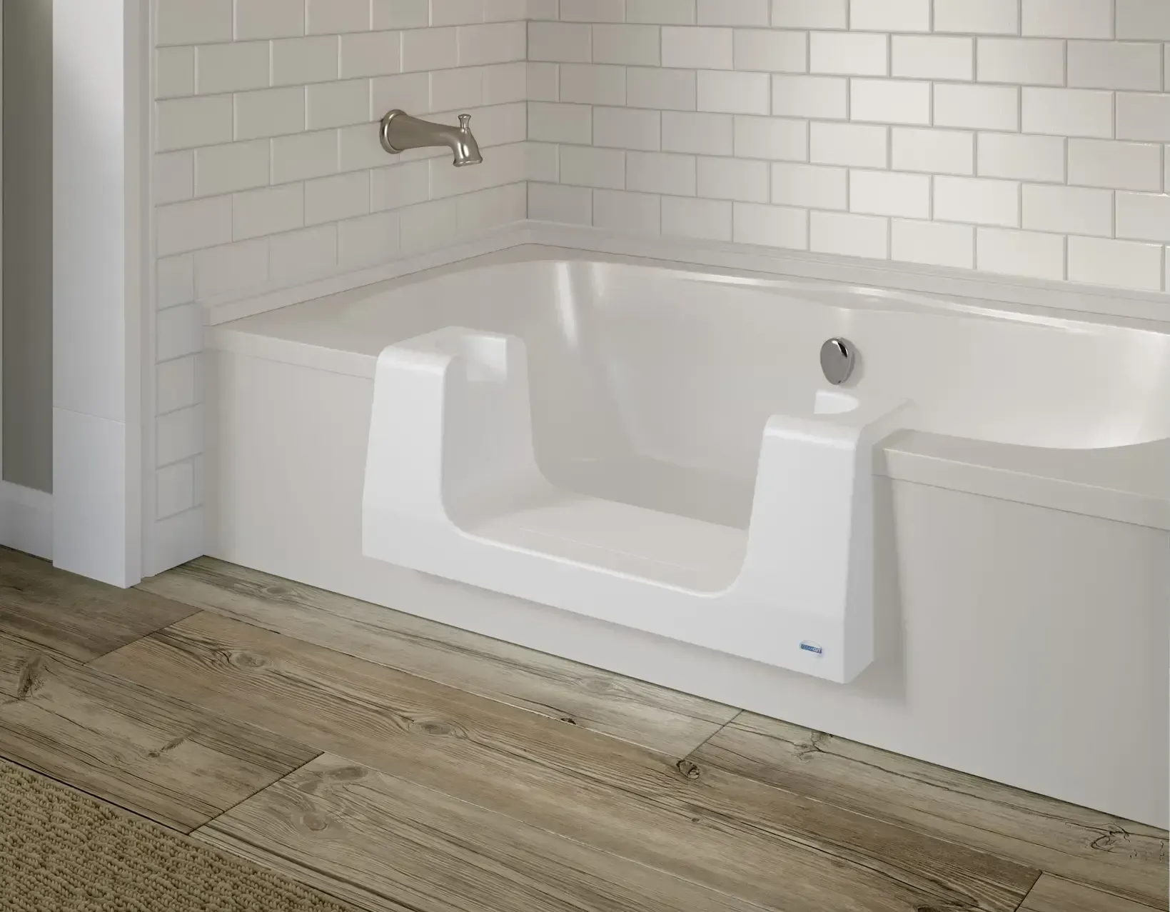 A white bathtub after Tub Cut services from Altamria Ltd. with a walk in door in a bathroom.