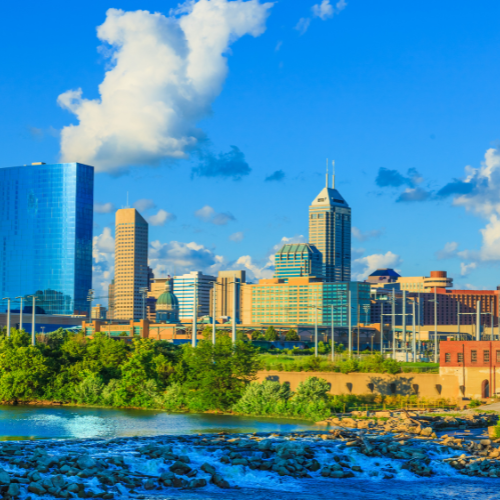 Indianapolis, Indiana skyline with canal waterfall