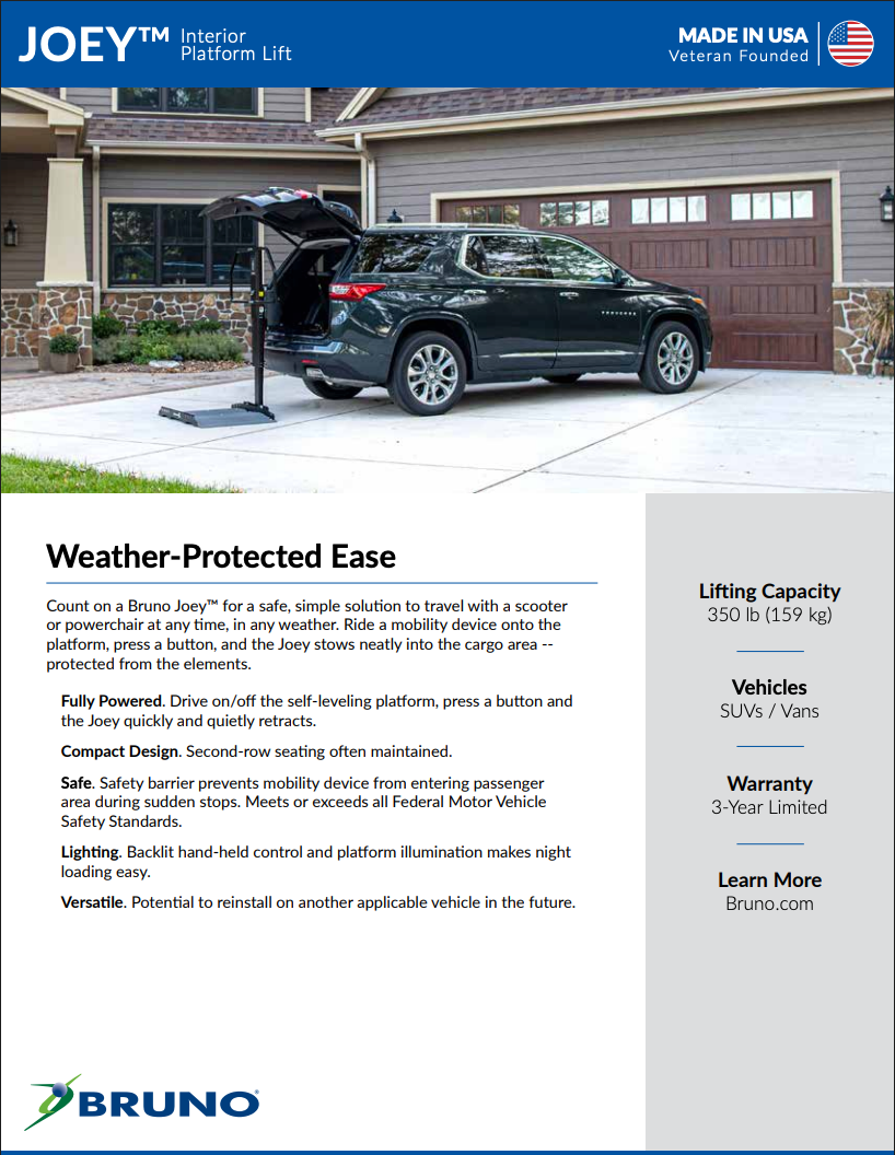 Bruno Joey VSL-4400 interior platform vehicle lift brochure cover