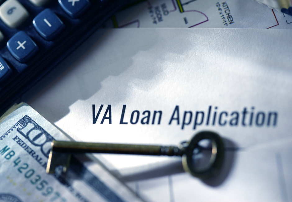 VA Loan Application form with a key and calculator, in blue tones