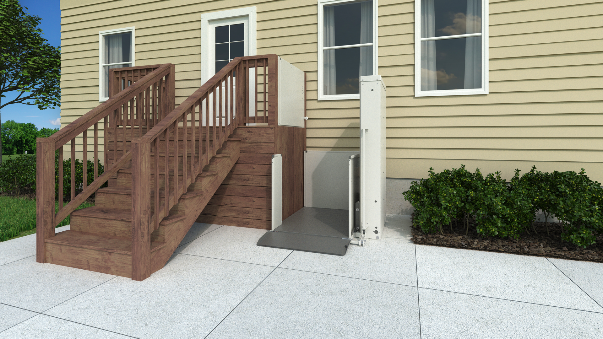 Bruno vertical platform lift in a 90-degree configuration beside a raised deck