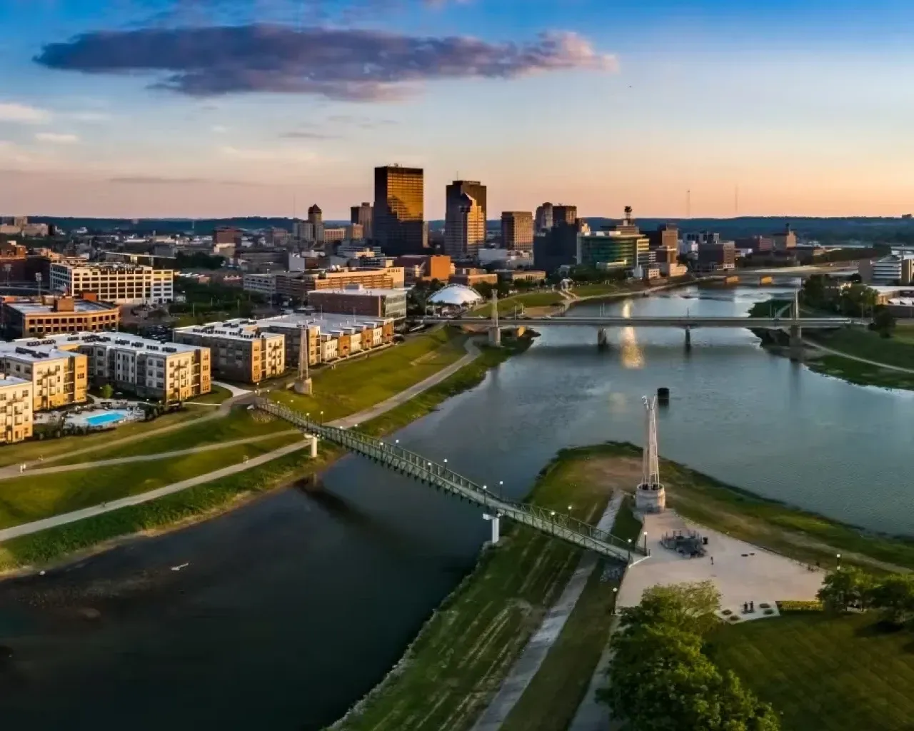 Aerial sunset view of downtown Dayton, Ohio along the river