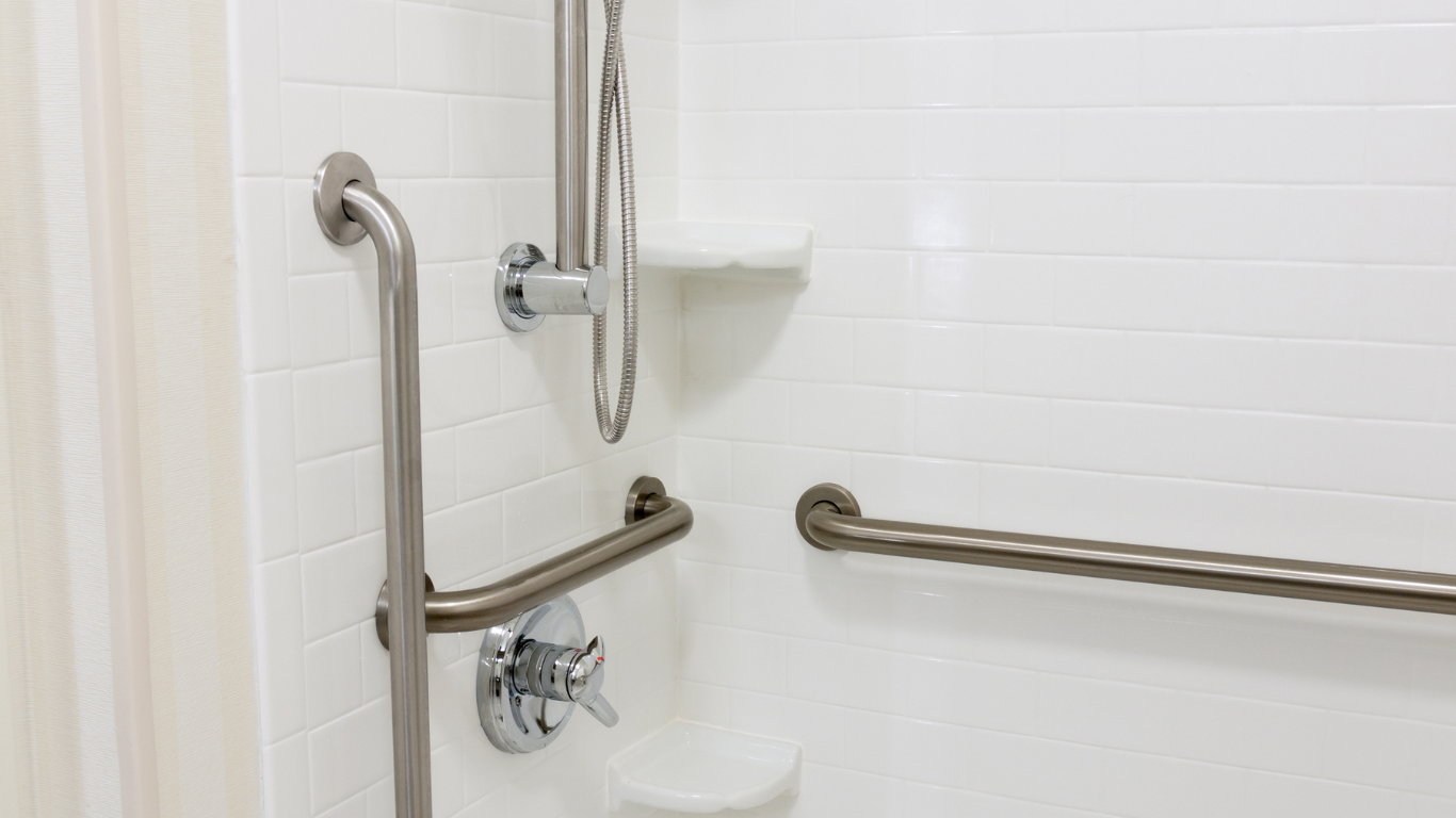 Grab bar mounted on a bathroom wall