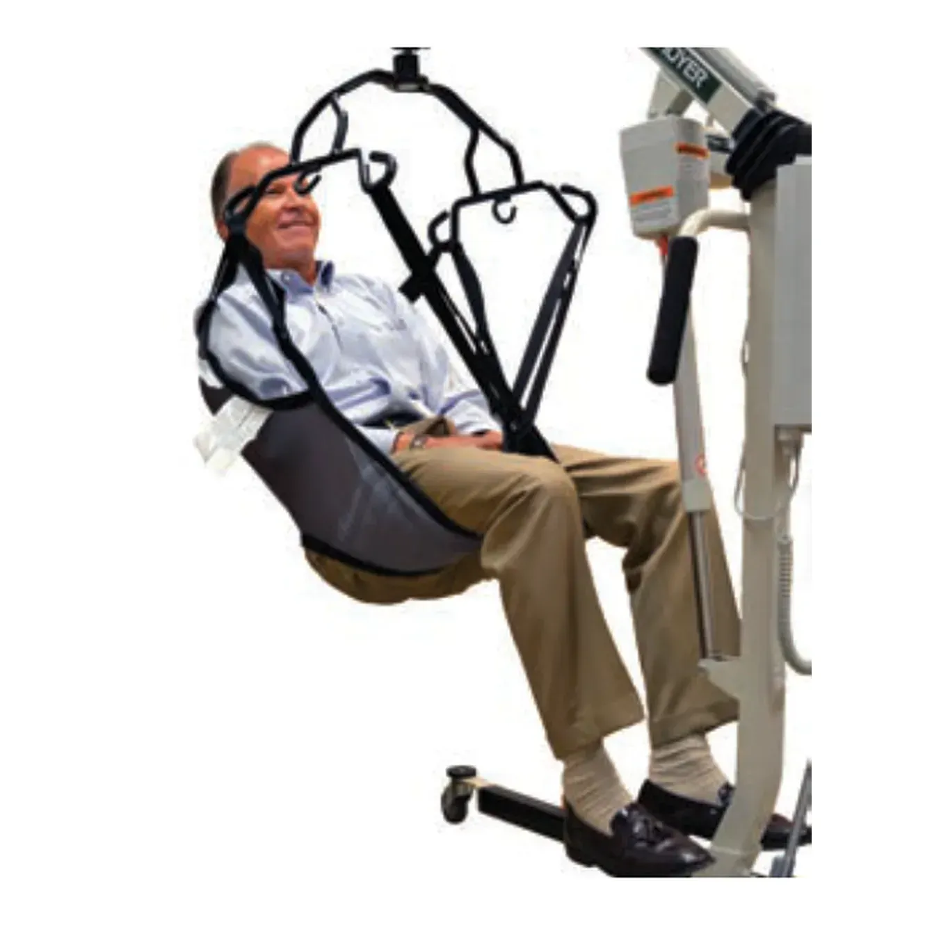 Man seated in a Hoyer U-sling during a lift transfer