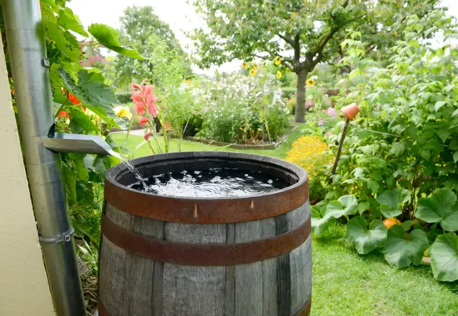 Rainwater barrel in a garden, collecting water from a downspout, surrounded by green plants and flowers.