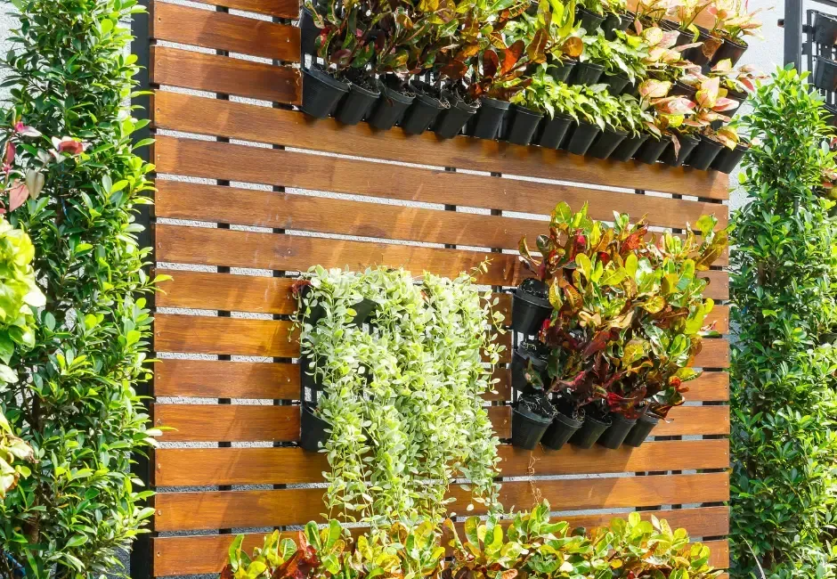 Wooden wall with various plants in hanging black pots.